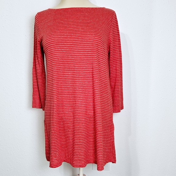 Eileen Fisher 3/4 Sleeve Organic Linen Tunic in Red Mini Stripe Size Small - Picture 2 of 8